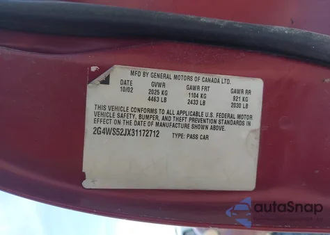 2003 Buick Century Custom z USA, uszkodzony, nr VIN 2G4WS52JX31172712